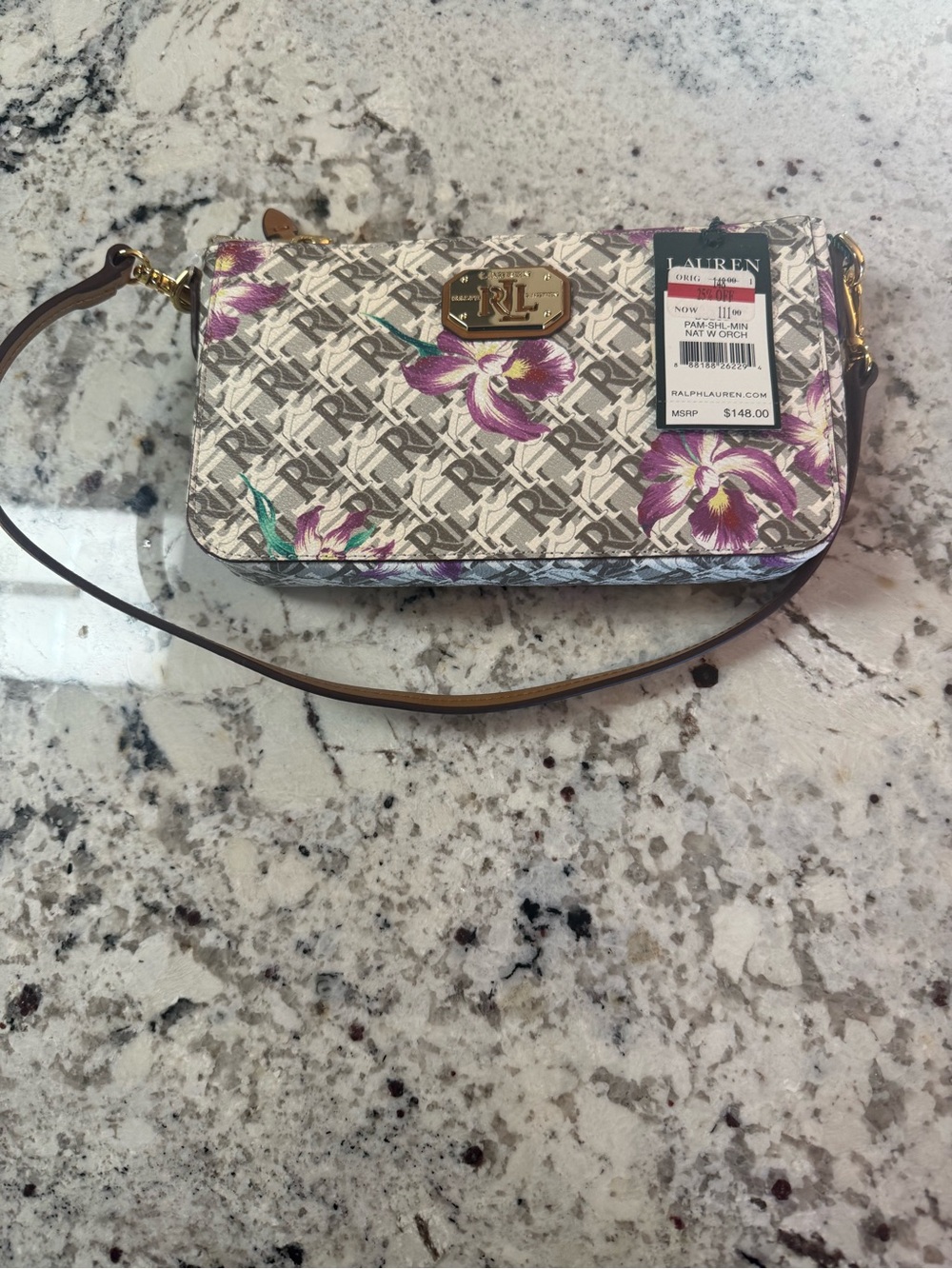 Lauren Ralph Lauren Beige Floral Logo Crossbody Wallet with Purple Accents